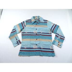 Land Lubber Hawaiian Shirt, Blue, Made in Hawaii Sz M 1970s